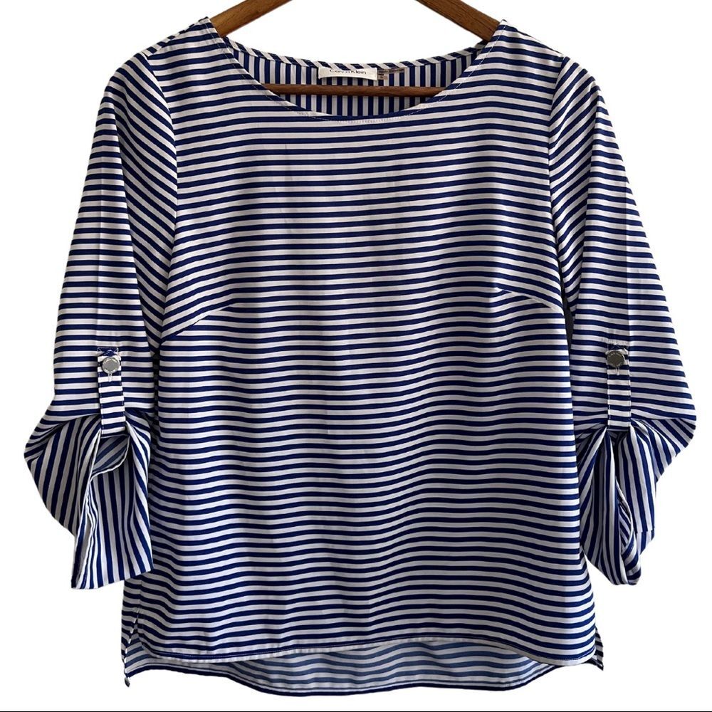 Calvin Klein Blue White Stripe Blouse Nautical Coastal Grandma Top Size Small